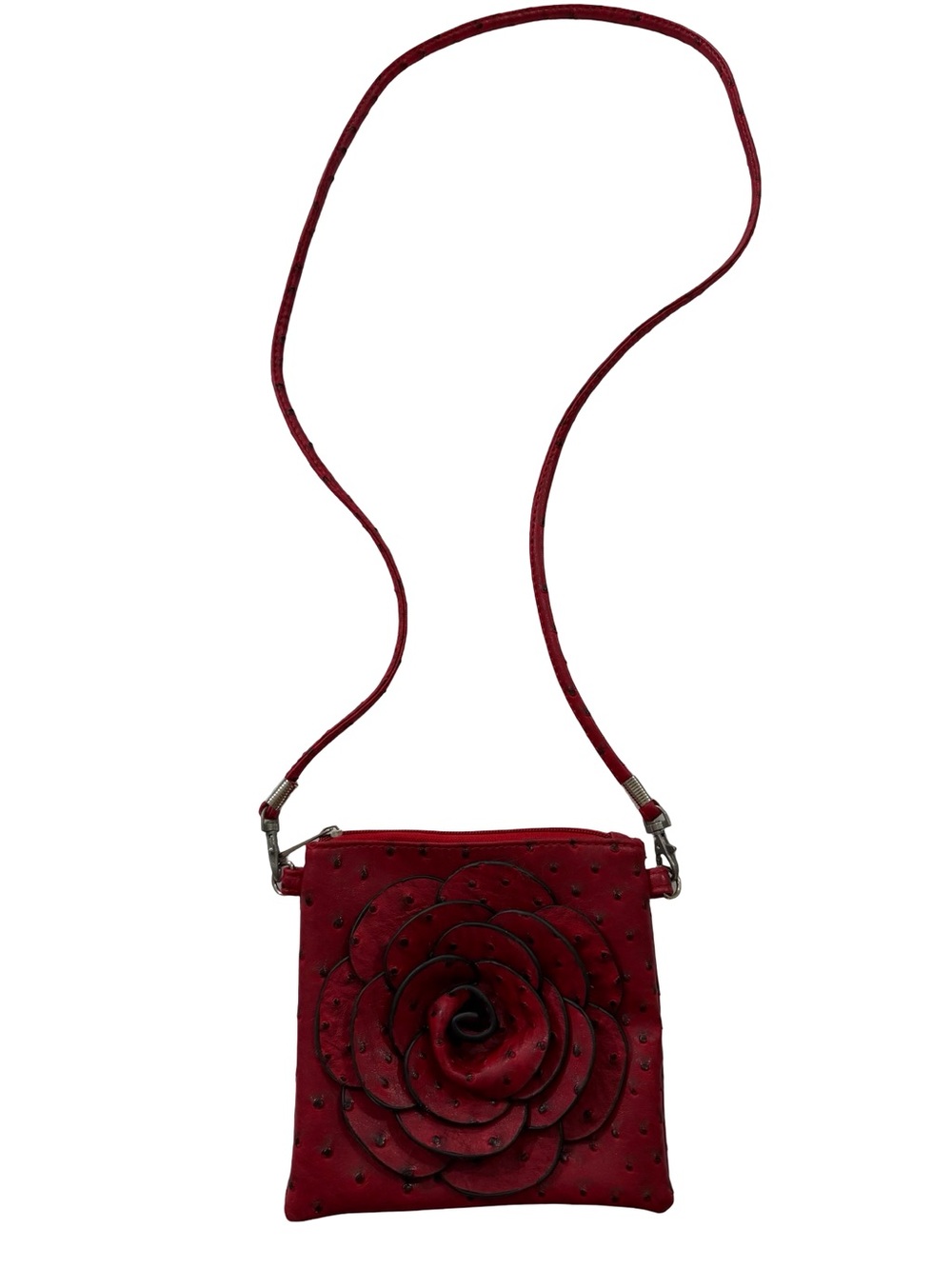 Red Faux Ostrich Embossed Rose Crossbody Bag Vegan Leather One Size Women's